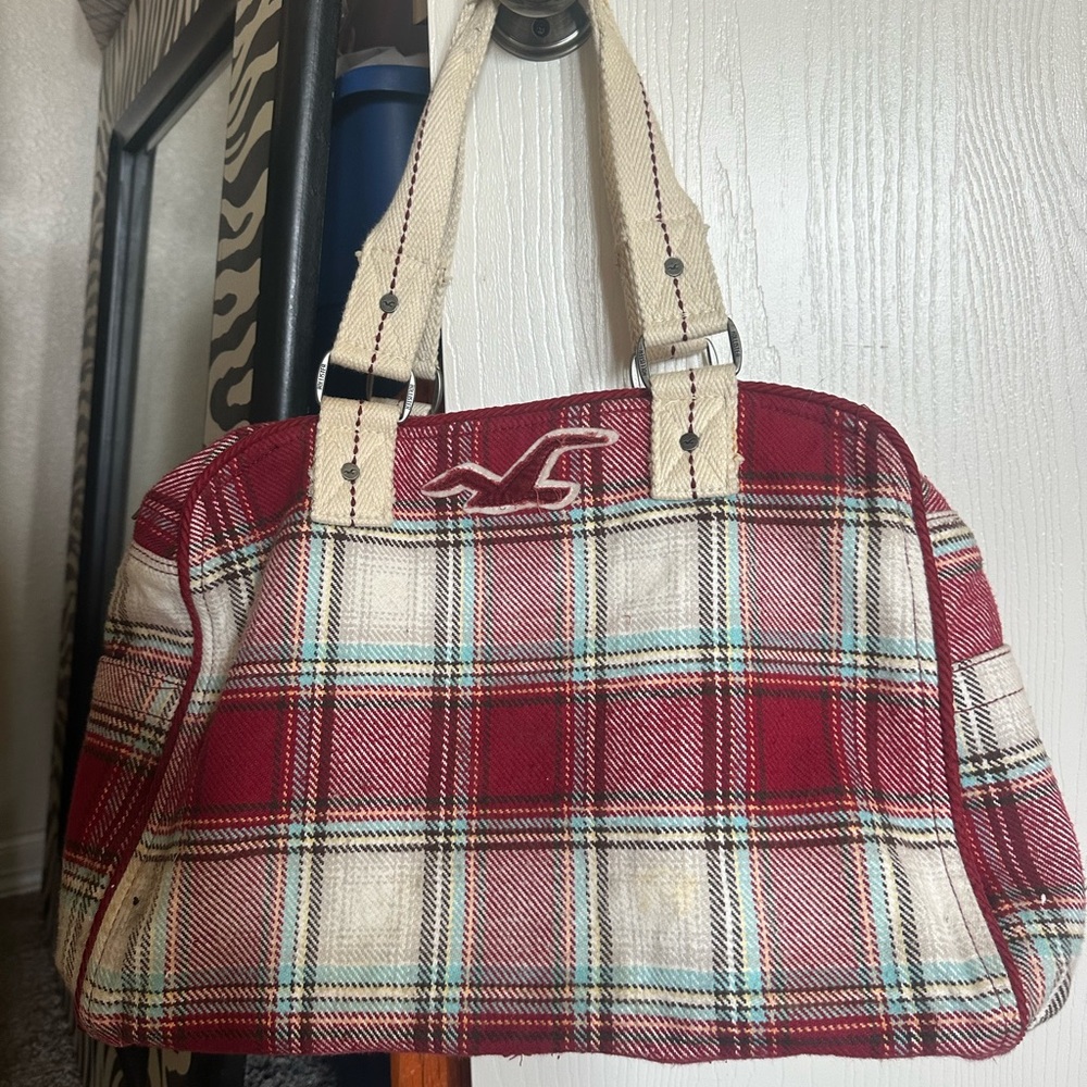 Hollister Red and Cream Plaid Weekender Bag